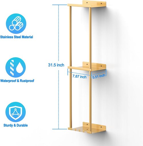Liuoud Towel Rack - Wall Mounted Vertical Towel Storage Organizer with Shelf | Holds 6 Large Bath Sheets, Gold