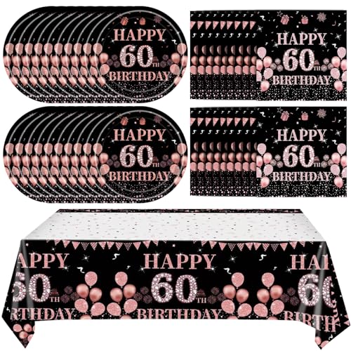 Black Gold 60th Birthday Party Plates and Napkins Set for Women - Vintage Rose Gold Celebration Tableware, 41 Pieces for 20 Guests
