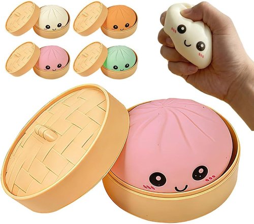 Dumpling Squishies Stress Relief Balls - Handmade Fidget Toys with Steamer Case | Soft TPR Big Bun for Anxiety Relief (Pink)