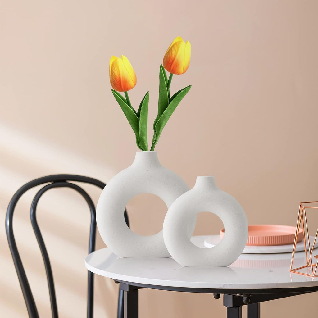 Skiennix White Ceramic Vases - Modern Circle Pampas Grass Decor | Set of 2 for Minimalist Home & Office