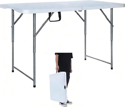Lakhow Folding Table - 4-Foot Heavy Duty Plastic Utility Table | Portable Adjustable Height for Indoor/Outdoor Use - White