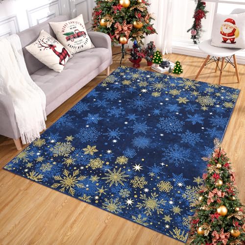GarveeHome 8x10 Blue Christmas Snowflake Non-Slip Rug – Washable Holiday Home Decor