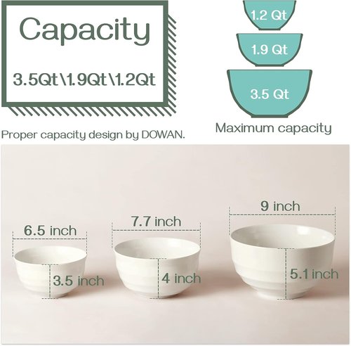DOWAN Ceramic Mixing Bowls Set - Sturdy & Space-Saving | Microwave & Dishwasher Safe | 3.5/1.9/1.2 Qt, Creme White
