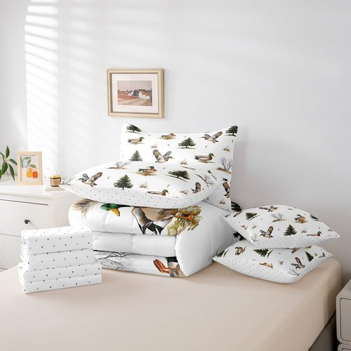 Erosebridal 7Pcs Twin Mallard Duck Bedding for Boys Men Nursery Woodland Wild Ducks Comforter Rustic Country Duck Camo Bedding Set Forest Hunting and Fishing Bed Sheets with Pillowcases Bed in A Bag