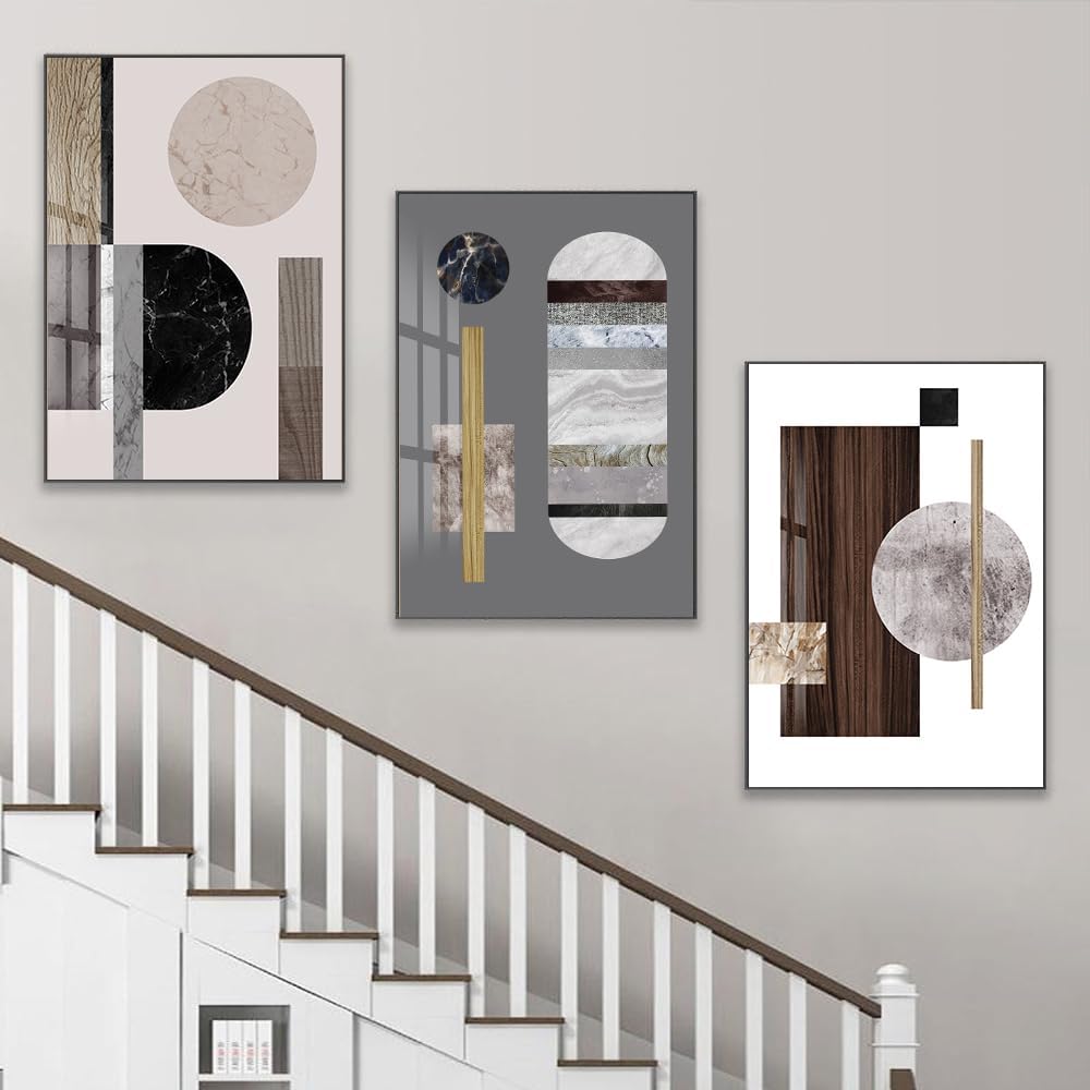 QKF Large Geometry Wall Art - Modern Abstract Canvas Paintings for Living Room | 3 Panels, 16” x 24”