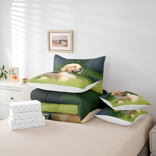 Erosebridal Pup Dog Comforter Set 7 Piece Bed in a Bag Twin,Kawaii Puppy Bedding Sets Cute Pet Animal Sheet Set with Comforter