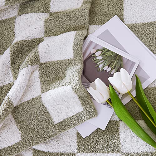 Soft Checkered Throw Blanket - Cozy Sage Green Knitted Couch Blanket (50x70)