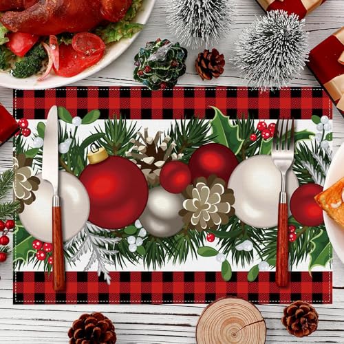 Bloss Red Christmas Placemats Set of 8 - 12x18 Inch Buffalo Check Holiday Table Decor