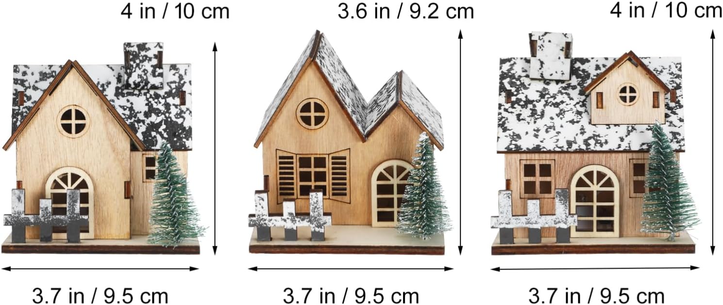 Toyvian Christmas Village Houses Decor - 3 Pcs Glowing Wooden Cabin Set with Lights for Holiday Centerpieces