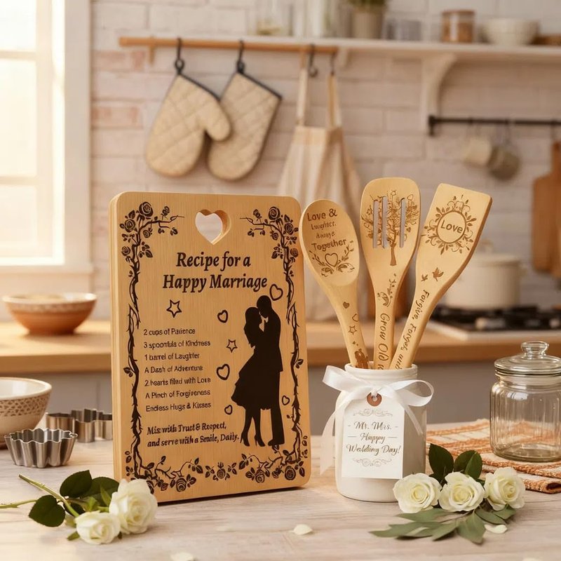 Recipe for a Happy Marriage Gift Set, Bamboo Cutting Board with Engraved Utensils, Unique Wedding, Engagement, Bridal Shower Gift for Couples, Him and Her, Mr and Mrs Newlywed Kitchen Set