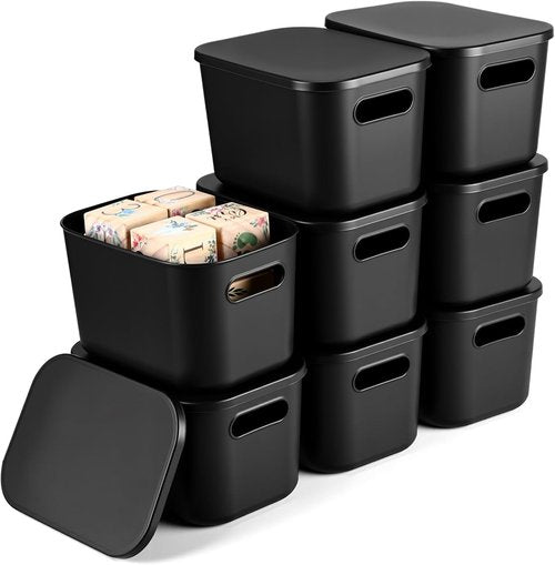 Hoolerry Colorful Storage Bins - 8-Piece Stackable Plastic Organizing Containers with Lids | 9.8 x 7.1 x 6.3 Inch, Black