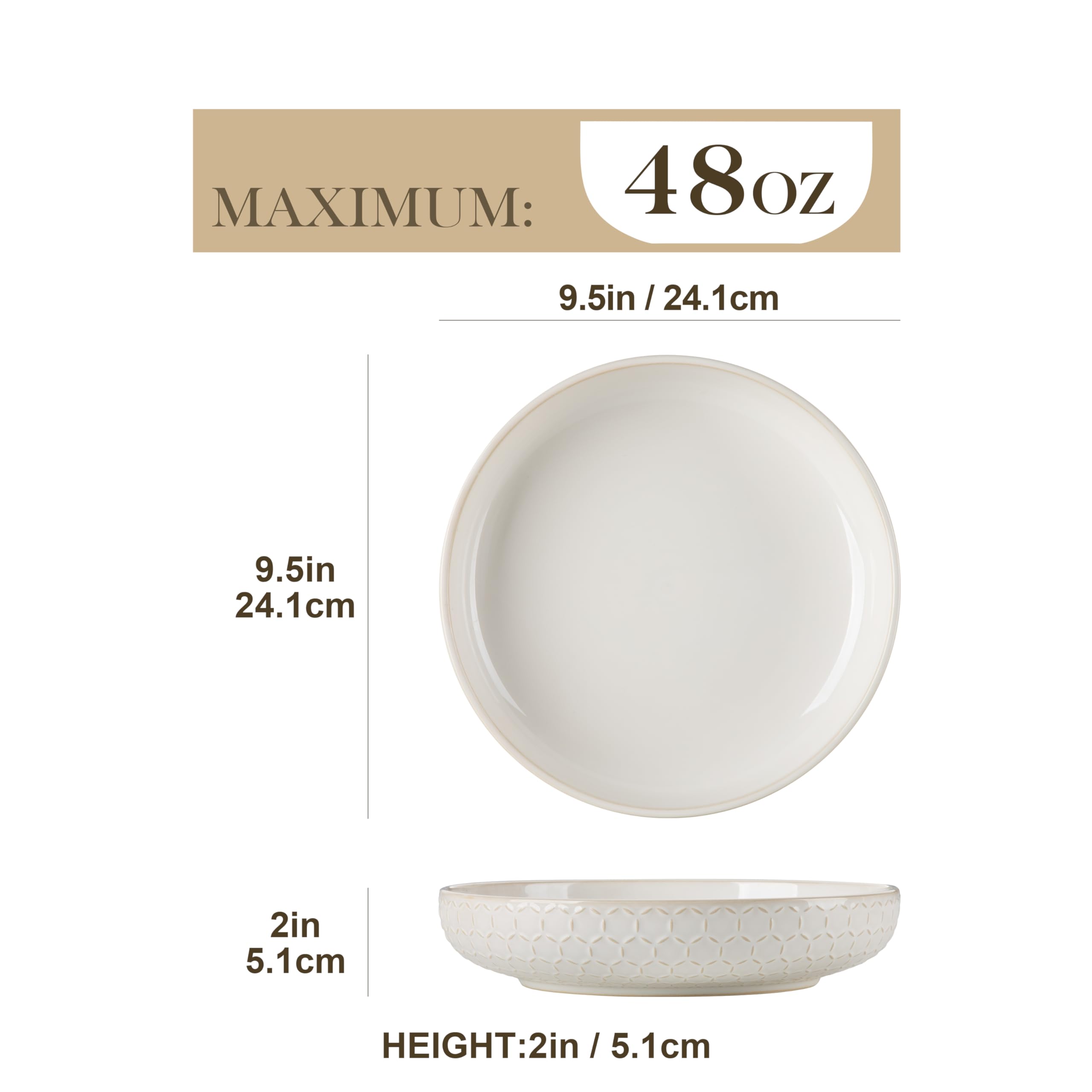 MALACASA Pasta Bowls 48 Oz, 9.5 Inch Large Salad Bowls, Modern Relief Design Ceramic Serving Bowls, Wide and Shallow Plates Pasta Plates, Microwave & Dishwasher Safe, Set of 4, Series LYDIA