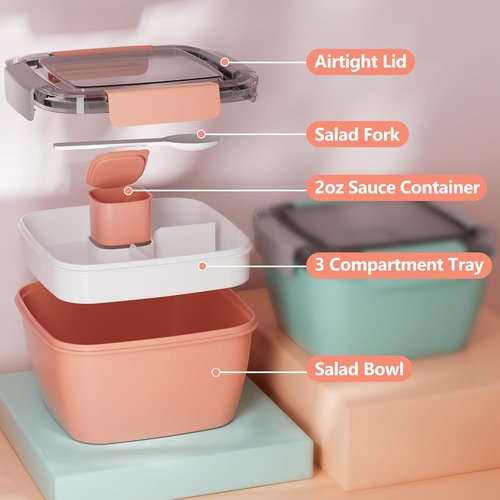 Cherrysea Salad Lunch Box - 2-Pack Leak Proof Bowls with 3 Compartments & Fork | Green & Pink