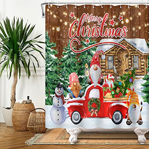 DASHAN Christmas Gnomes Shower Curtain 72x72 Red/Brown — Waterproof Farmhouse Xmas Decor