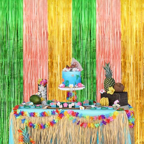 Tropical Luau Foil Fringe Backdrop Curtains - 2 Pack 3.3 x 7 ft (Green/Yellow)