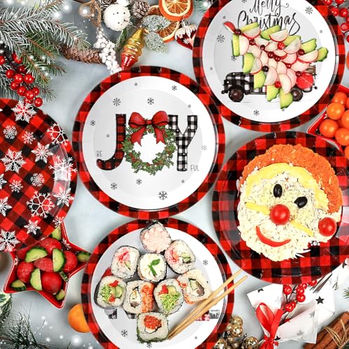 96 Pcs Christmas Paper Plates Disposable 7 Inch Buffalo Plaid Xmas Plates - Christmas Elements