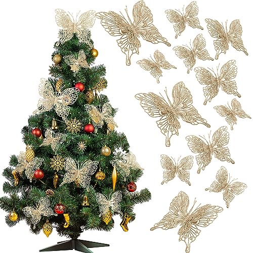 Jutom 24 Pcs Champagne Gold Butterfly Christmas Ornaments – Glitter 3 Sizes with Clips & Stems