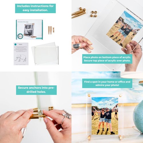 Wexel Art 8x10" Clear UV Grade Acrylic Tabletop Floating Picture Frame Display with Gold Hardware for Art and Photos