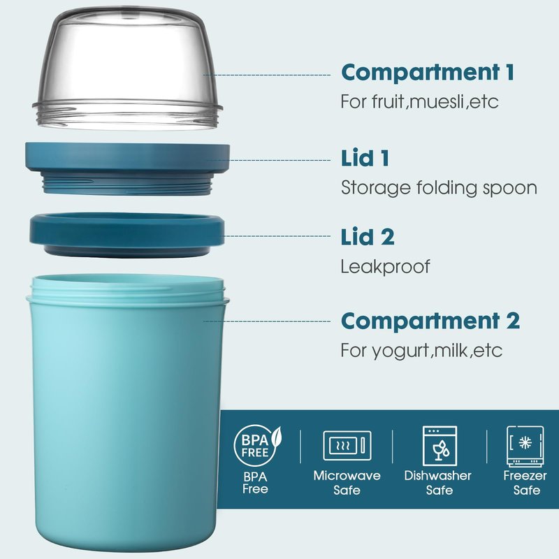 Mitsemmo Snack Cup,Reusable Snack Container with Lid,Yogurt Parfait Cups and Spoons,600ml+270ml Breakfast On The Go,Portable Cereal To Go Travel Cereal Bowl and Milk Container(Bule)