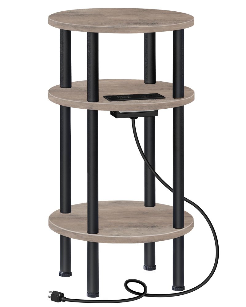 CHOEZON Small Round Side Table with Charging Station, Round End Accent Table, 3-Tier Sofa Side Table for Small Spaces, Nightstand for Living Room, Bedroom, Greige and Black TBZ06UFH