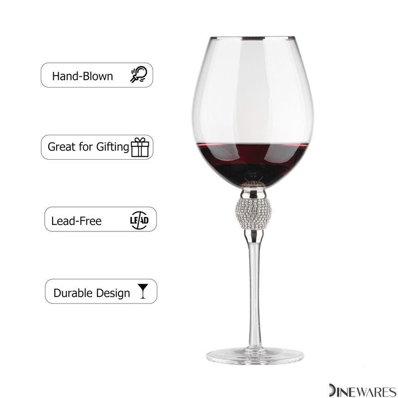 Rimmed Red Wine Glasses with Diamond Rhinestone Accent 18 oz, 10 Inches Tall Perfect Toasting Glasses for Bride and Groom Great for Party Wedding Anniversary and Special Occasion (Silver, Set of 4)