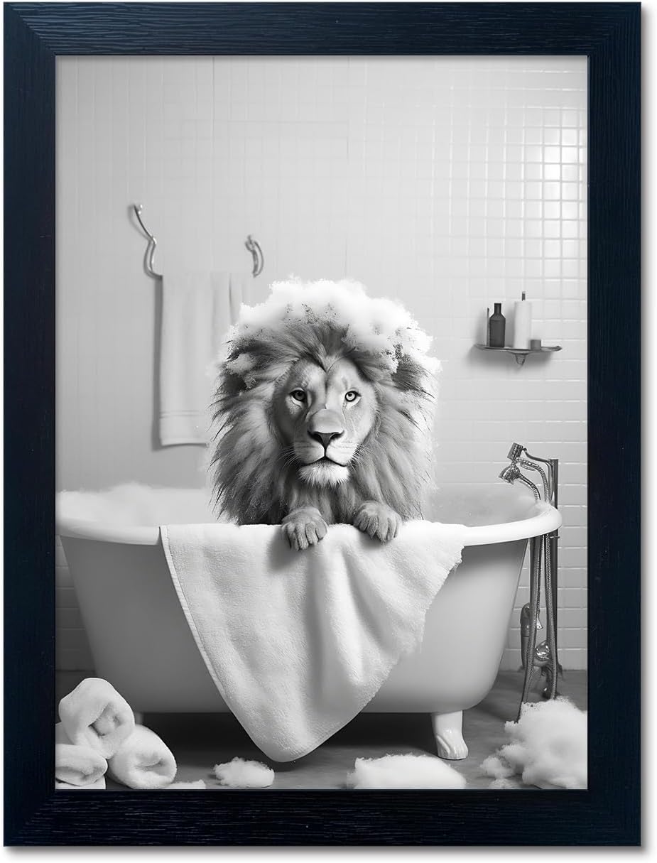 Regine Switzerland Black and White Lion Canvas Wall Art - Funny Bathroom Decor | Framed Animal Print