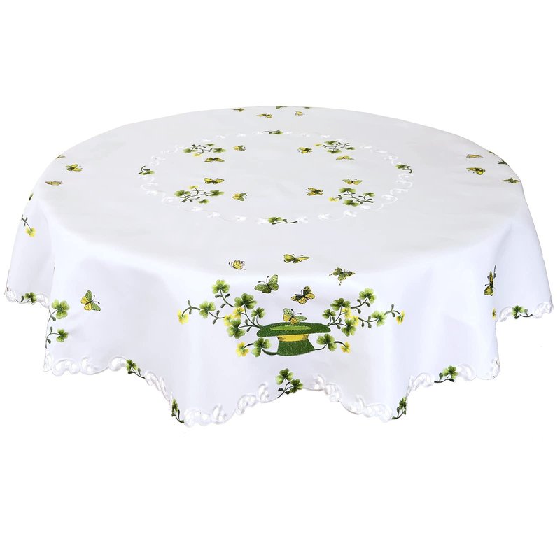 Simhomsen Embroidered Irish Clover St. Patrick’s Day Tablecloth, Shamrock Decorations (Round 70 inches)