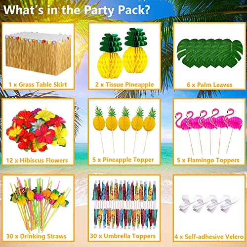 Tropical Luau Party Decorations Set with 9ft Grass Table Skirt & Accessories
