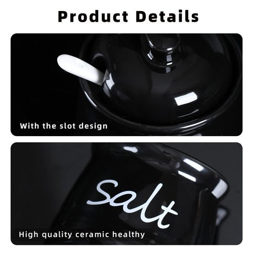ONTUBE Ceramic Salt Bowl with Lid and Spoon 12oz (Black)