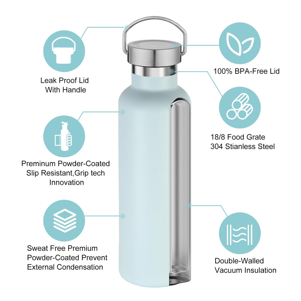 Volhoply 24oz Insulated Standard Mouth Water Bottle with Plastic & Stainless Steel Combination Lid Bulk 8 Pack, 304 18/8 Double Wall Vacuum Insulated Water Bottles, Reusable Metal Flask(Fog,8)