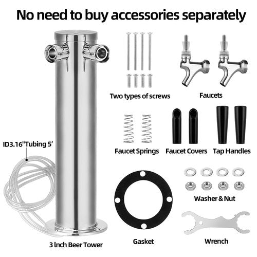 TMCRAFT Dual Faucet Draft Beer Tower Dispenser, Polished Stainless Steel Beer Tower Dispenser Kit with Pre-Assembled Tubing and Self-Closing Faucet Shanks for Parties, Bars, Pubs, and Restaurants