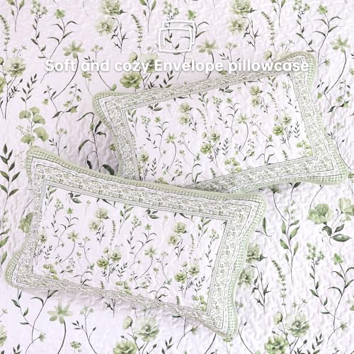 Sage Green Floral Quilt Set Queen - Lightweight Farmhouse Bedding