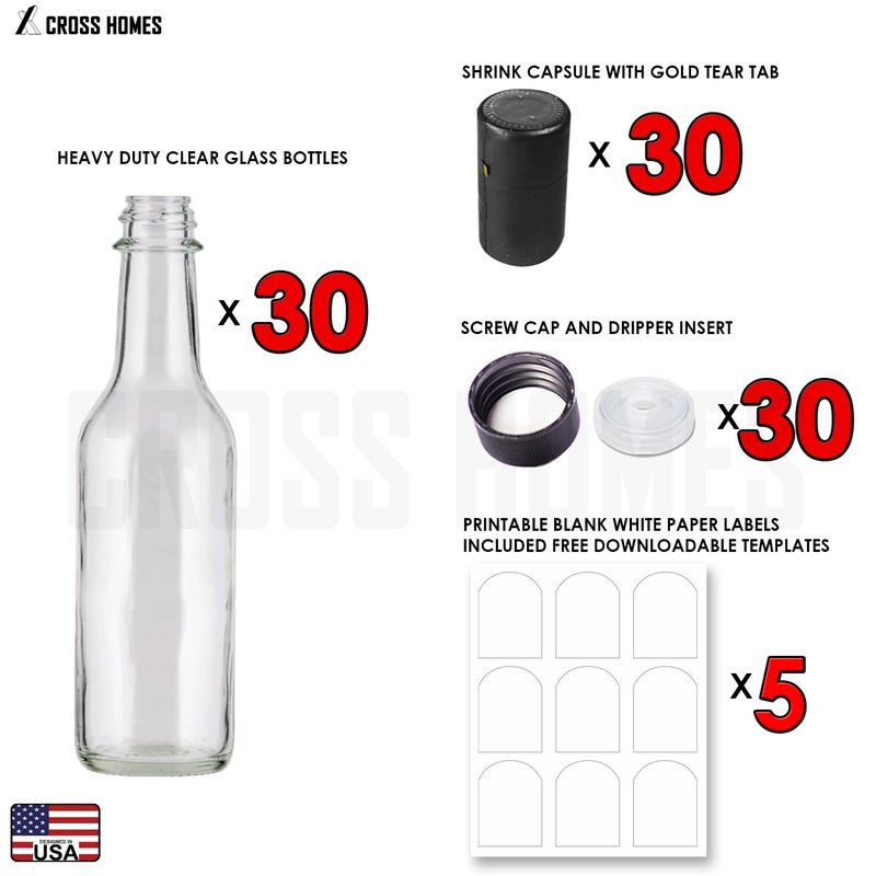 5oz Hot Sauce Bottles, Empty Clear Glass Woozy Bottles with Shrink Capsules, Small Wine Bottle with Shirnk Bands, Canning Bottle Cap Orifice Reducer Self-Printable Labels Free Design Template 30 BLACK