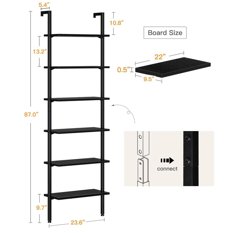 ODK 5-Tier Ladder Bookcase, Industrial Storage Shelf with Metal Frame for Living Room, Home Office, Kitchen & Bedroom, Space Saving Freestanding Organizer Rack, Black (8" D x 16" W x 74" H)