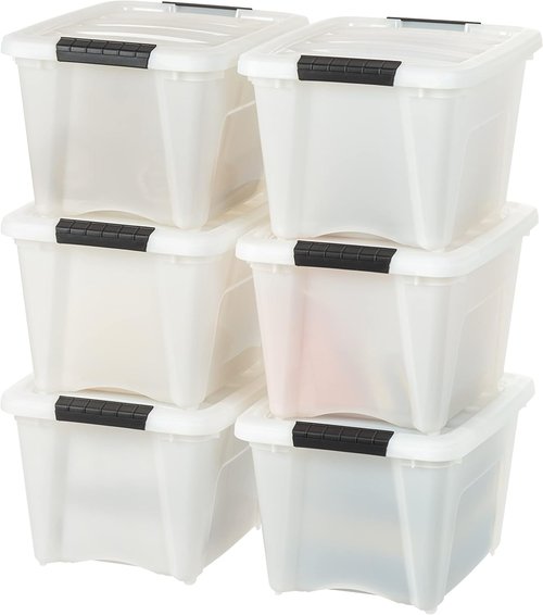 IRIS USA 19 Qt Stackable Plastic Storage Bins - BPA-Free, Durable Nestable Containers, 6 Pack - Pearl Color