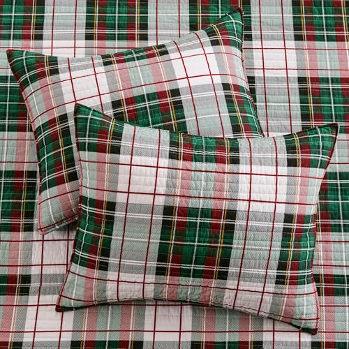 Spencer Plaid Full Bedspread - Reversible Cotton - 90x106in - Green Red White