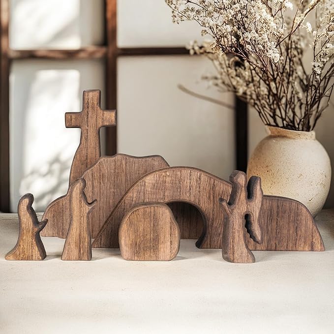 Wooden Easter Resurrection Scene, 7-Piece Empty Tomb & Cross Tabletop Decor