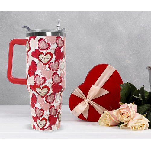 Nqhsionv Valentines Tumbler with Handle 40 oz Red Love Hearts Coffee Travel Mug Stainless Steel Insulated Cup Valentines Anniversary Wedding Birthday Gifts for Women
