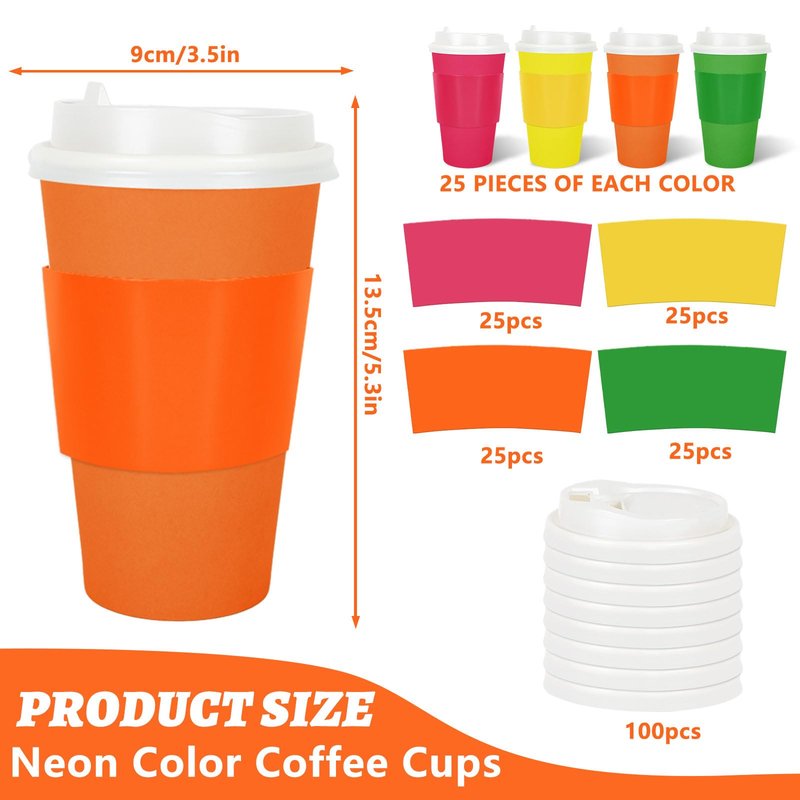 Whaline 100Pcs Neon Color Disposable Coffee Cups with Lids and Sleeves Fluorescent Paper Cups 4 Colors Drinking Cup for Home Restaurant Party Supplies