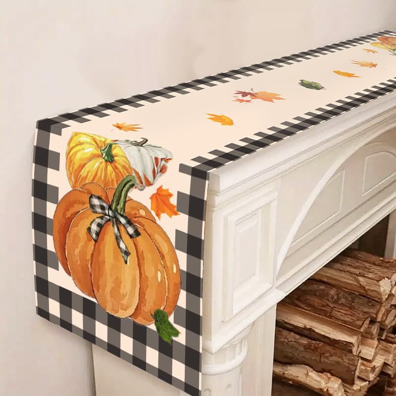 Thanksgiving Fall Table Runner 13x72 Inches Buffalo Plaid Pumpkin Decor