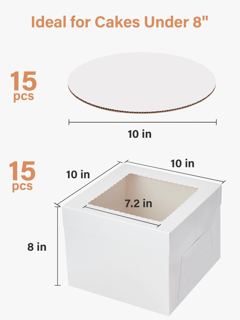 Kootek 15 Sets Cake Boxes with Cake Boards, 10x10x8 Inch White Tall Cardboard Containers for Multi-Layer Desserts, Perfect for Decorating, Mother's Day & Bakery Use