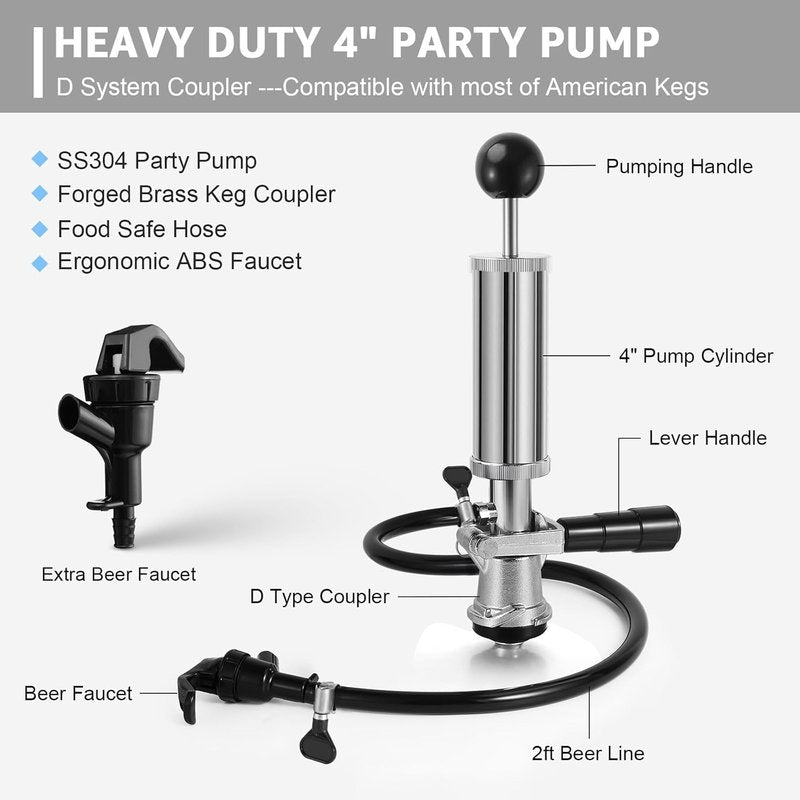 Beer Keg Tap Keg Hand Pump D System Keg Tap 4" Mini Keg Party Pump Beer Taps for Kegs US Sankey Kegs Pump with Beer Line, Portable Beer Keg Pump Draft Beer Kegs Picnic Tap Chrome Kegerator Tap Kit