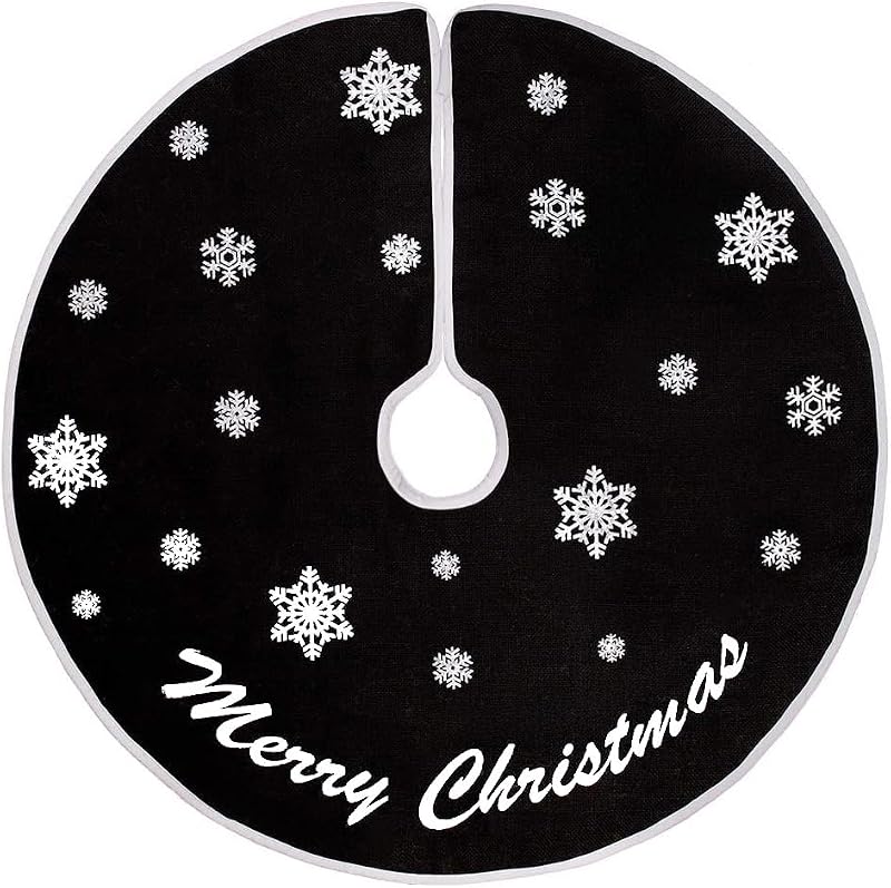 30-Inch Rustic Black Burlap Christmas Tree Skirt with Snowflakes