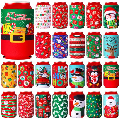 SiliFine Christmas Can Cooler Sleeves - Holiday Drink Insulators, 24 Pack