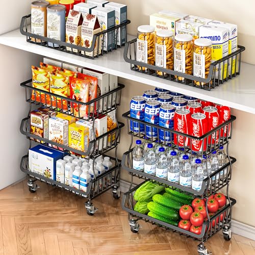 3-Tier Rolling Pantry Organizer Cart with Stackable Wire Fruit Baskets