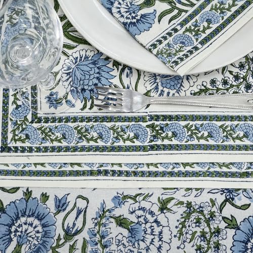 Smalt Blue 90-Inch Round Hand Block Printed Cotton Tablecloth - Floral, Washable, Home Decor