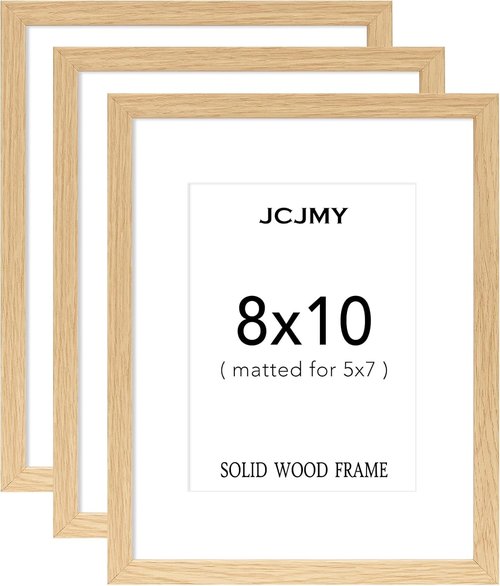JCJMY 8x10 Picture Frame Set - Solid Wood Frames for 5x7 or 8x10 Photos | Shatter-Resistant Plexiglass, Natural Finish