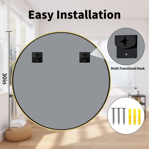 Koonmi 30" Gold Circle Mirror Wall Mounted Round Mirror with Metal Frame for Bathroom/Living Room/Vanity/Bedroom