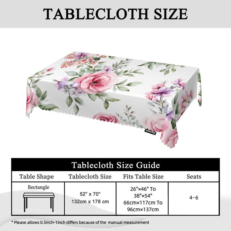 Swono Rose Table Cloth Rectangle Tables Watercolor Pink Flowers Rose Leaves Kitchen Table Cover Oblong 52"X70" Tablecloth for Dining Table Buffet Parties Patio and Camping