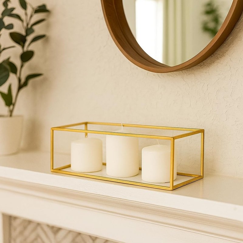 Koyal Wholesale 1 Pcs Long Glass Candle Holder Tray 24 Inch Gold and Glass Long Tray for Table Centerpiece, Rectangular Candle Holder, Long Gold Rectangle Tray, Wedding Table Centerpieces